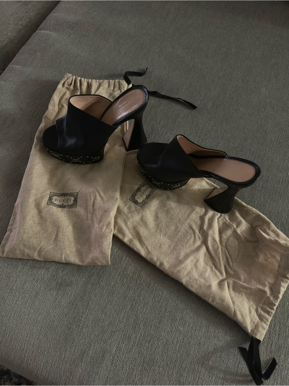 Gucci Black Satin Sculpted Heel Platform Mules